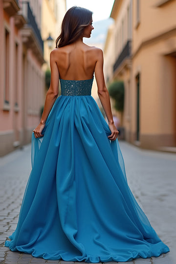 Blue Beaded A Line Strapless Formal Dress with Slit
